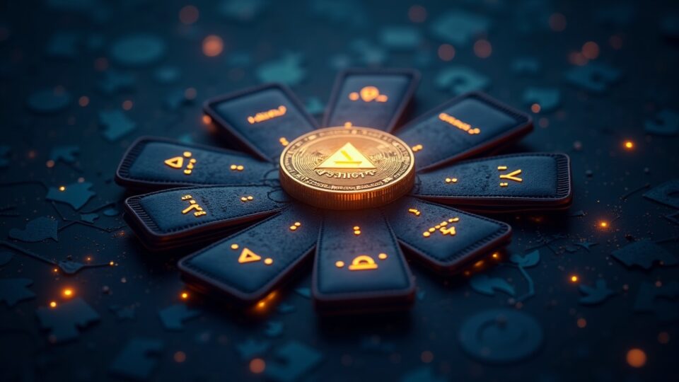 Encabezado fotorrealista que muestra un libro mayor inspirado en Solana con un token AVA central y 23 billeteras resplandecientes financiadas por exchanges.