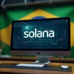 Logotipo de Solana en un monitor sobre un elegante escritorio de operaciones con la bandera de Brasil, señalando el listado de VSOL en B3.