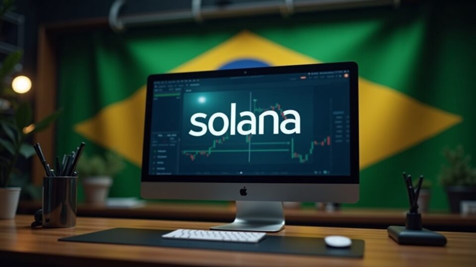 Logotipo de Solana en un monitor sobre un elegante escritorio de operaciones con la bandera de Brasil, señalando el listado de VSOL en B3.