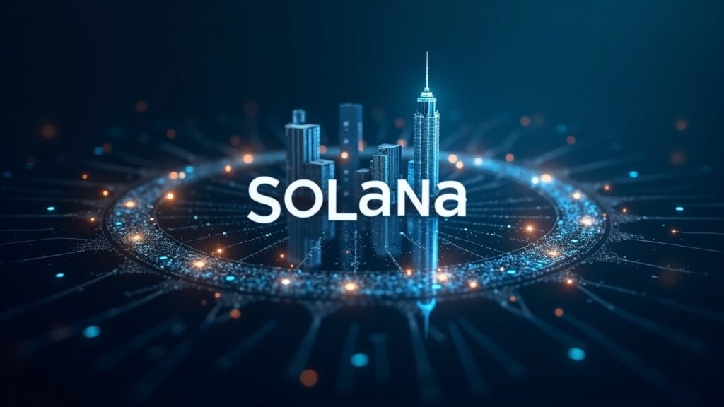 Logotipo fotorrealista de Solana sobre un paisaje urbano de vidrio con flujos de transacciones luminosos e iconos de DEX circulando.