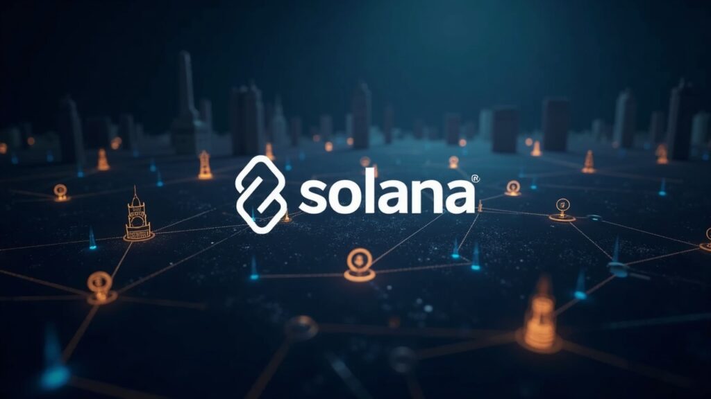 Logotipo fotorrealista de Solana con nodos de la red, siluetas institucionales desvaneciéndose y tokens SOL en movimiento.