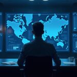 Analista central en una sala de noticias con pantallas holográficas que muestran Solana y XRP, iconos de apalancamiento 2x y una superposición de riesgo.