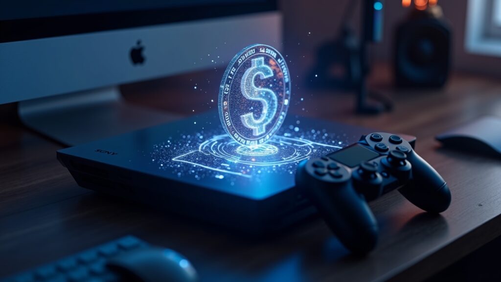 Disposición fotorealista de escritorio de PlayStation con un holograma brillante de moneda estable en USD y visuales del libro mayor de la cadena de bloques.