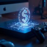 Disposición fotorealista de escritorio de PlayStation con un holograma brillante de moneda estable en USD y visuales del libro mayor de la cadena de bloques.