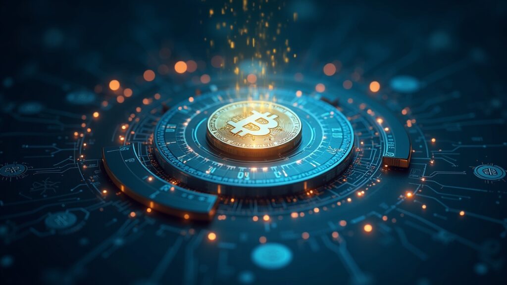 Núcleo blockchain fotorrealista con gas USDT fluyendo hacia el tesoro y STABLE orbitando, simbolizando la descentralización.