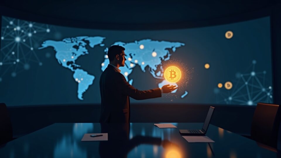 Photorealistic newsroom with a presenter, glowing stablecoins, holographic regulatory icons, and a decentralization map