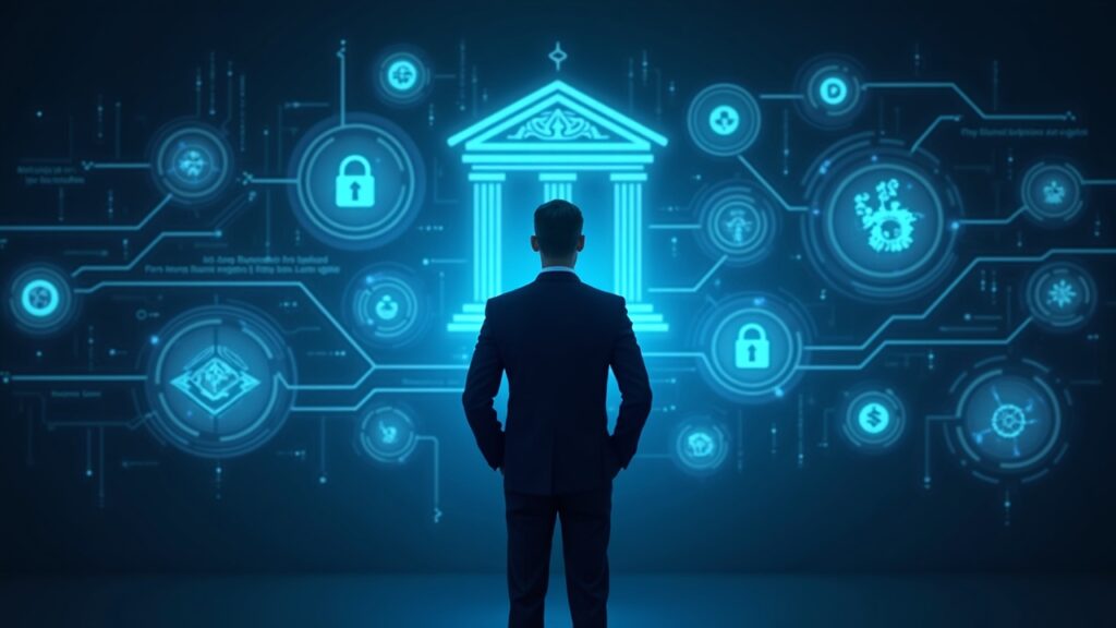 Escena fotorrealista: ejecutivo con traje en el centro con paneles holográficos de custodia y de negociación prime, logotipos del banco y de la cripto arriba.