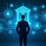 Escena fotorrealista: ejecutivo con traje en el centro con paneles holográficos de custodia y de negociación prime, logotipos del banco y de la cripto arriba.