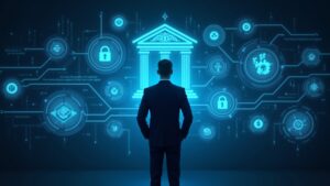 Escena fotorrealista: ejecutivo con traje en el centro con paneles holográficos de custodia y de negociación prime, logotipos del banco y de la cripto arriba.