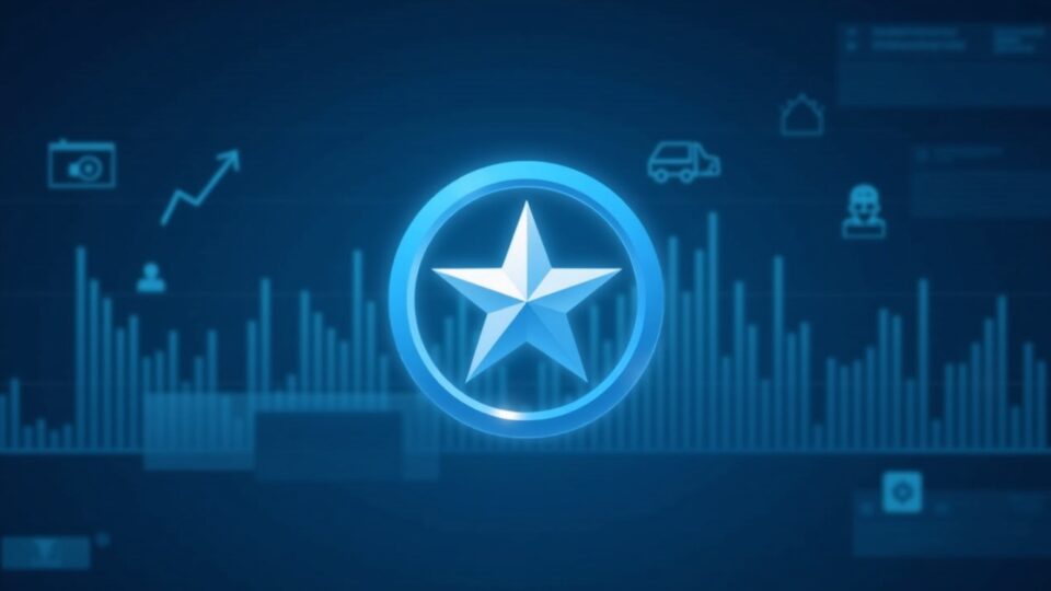 Logotipo de Stellar centrado sobre un centro financiero con un gráfico en ascenso e íconos de custodia en una iluminación azul fría de sala de redacción