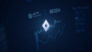Logotipo fotorrealista de Stellar elevándose sobre un elegante panel financiero con iconos de Nasdaq y ETP en el fondo