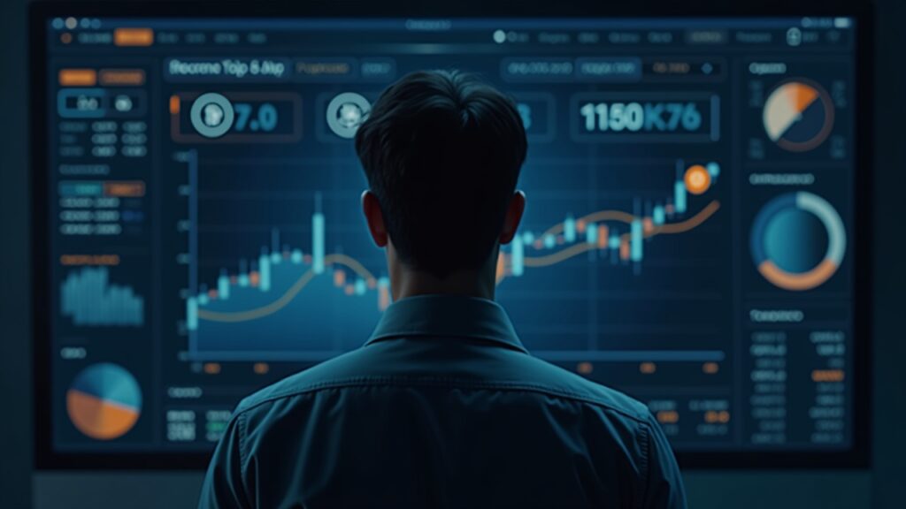 Photorealistic newsroom header: a finance executive at dashboard with Bitcoin icons, a NAV chart, and a rotating flywheel.