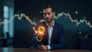 Ejecutivo corporativo fotorrealista sostiene un holograma de Bitcoin brillante con un gráfico de precios al alza y un fondo de blockchain.
