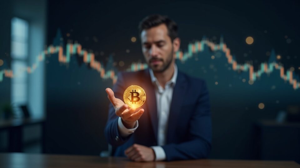 Ejecutivo corporativo fotorrealista sostiene un holograma de Bitcoin brillante con un gráfico de precios al alza y un fondo de blockchain.