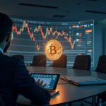 Escena en una sala de juntas con un Bitcoin holográfico, gráficos y un ejecutivo tenso señalando ventas inminentes debido a la presión del mNAV.