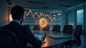 Escena en una sala de juntas con un Bitcoin holográfico, gráficos y un ejecutivo tenso señalando ventas inminentes debido a la presión del mNAV.