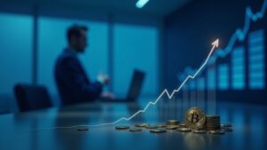 Encabezado fotorrealista del director ejecutivo de Strategy en una sala de juntas moderna, monedas de Bitcoin y un gráfico de liquidez ascendente en tonos azules.