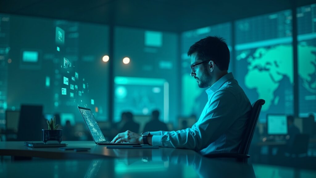 Escena de redacción futurista: investigador de criptomonedas en un escritorio elegante, hologramas de IA y gráficos de blockchain en tonos azul verdosos.