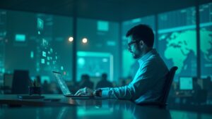 Escena de redacción futurista: investigador de criptomonedas en un escritorio elegante, hologramas de IA y gráficos de blockchain en tonos azul verdosos.