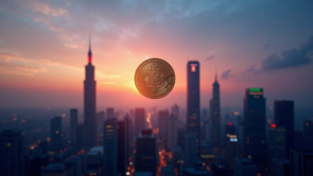 Horizonte de Taiwan al anochecer con un emblema de moneda estable flotando vinculado a un documento regulatorio, señalando un lanzamiento en 2026.