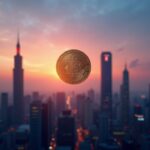 Horizonte de Taiwan al anochecer con un emblema de moneda estable flotando vinculado a un documento regulatorio, señalando un lanzamiento en 2026.