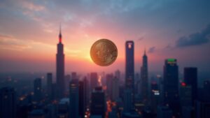 Horizonte de Taiwan al anochecer con un emblema de moneda estable flotando vinculado a un documento regulatorio, señalando un lanzamiento en 2026.