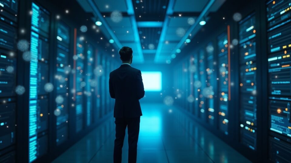 Un profesional tecnológico diverso examina un centro de datos federal con hologramas brillantes de IA y nodos de blockchain.