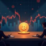 Redacción cripto realista con una moneda LUNA centrada, gráfico de precio ascendente, luces de advertencia y la silueta de un analista.