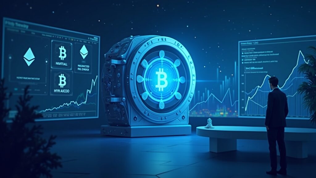 Escena futurista de una sala de redacción con una bóveda digital transparente, logotipos BTC/ETH, gráficos ascendentes y un inversor con traje bajo un resplandor azul.