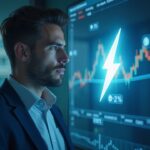 Fundador fintech en una oficina de vidrio con gráficos holográficos de monedas estables y un rayo de Lightning, con un sutil logo de Tether.