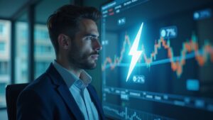 Fundador fintech en una oficina de vidrio con gráficos holográficos de monedas estables y un rayo de Lightning, con un sutil logo de Tether.