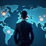 Encabezado fotorrealista: ejecutivo frente a un libro contable de vidrio que muestra los logos de Bitcoin Lightning y USDT, rieles luminosos en un mapa mundial.