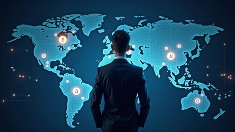 Encabezado fotorrealista: ejecutivo frente a un libro contable de vidrio que muestra los logos de Bitcoin Lightning y USDT, rieles luminosos en un mapa mundial.