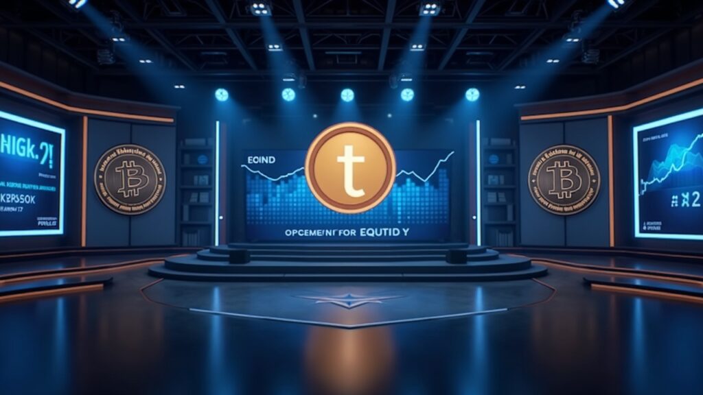 Escena fotorrealista de sala de redacción con un ticker de valoración de 500 mil millones, logotipo de Tether y visuales de acciones tokenizadas.