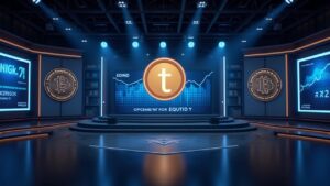 Escena fotorrealista de sala de redacción con un ticker de valoración de 500 mil millones, logotipo de Tether y visuales de acciones tokenizadas.