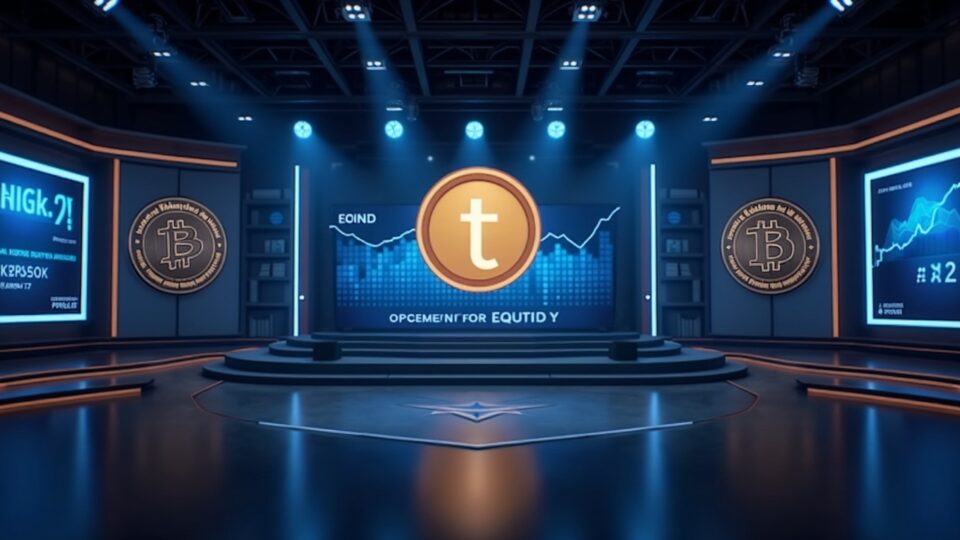 Escena fotorrealista de sala de redacción con un ticker de valoración de 500 mil millones, logotipo de Tether y visuales de acciones tokenizadas.