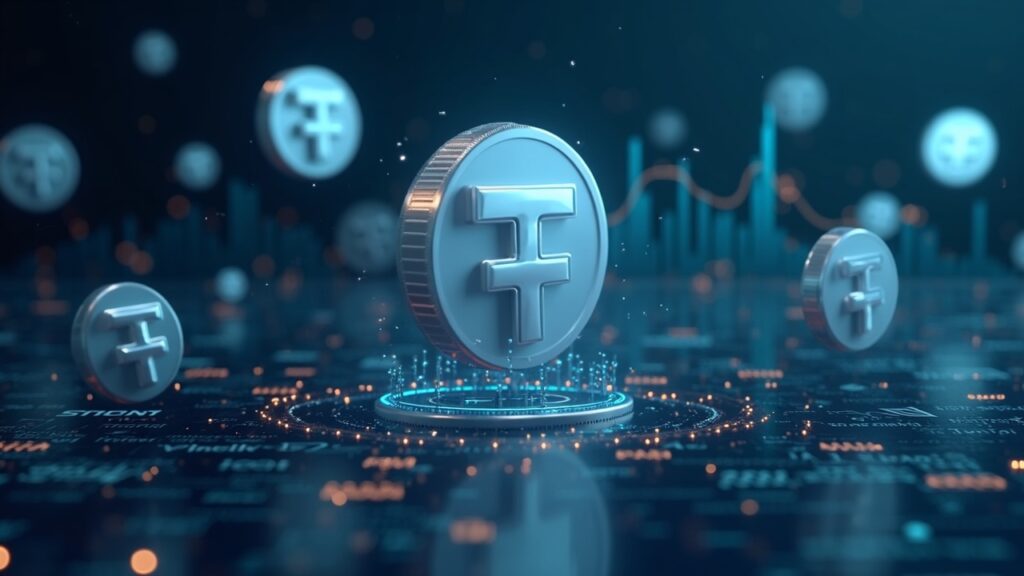 El logotipo de Tether se transforma en tokens flotantes de acciones sobre un fondo de blockchain, con iconos regulatorios y de redacción en la distancia.