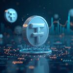 El logotipo de Tether se transforma en tokens flotantes de acciones sobre un fondo de blockchain, con iconos regulatorios y de redacción en la distancia.