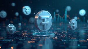 El logotipo de Tether se transforma en tokens flotantes de acciones sobre un fondo de blockchain, con iconos regulatorios y de redacción en la distancia.