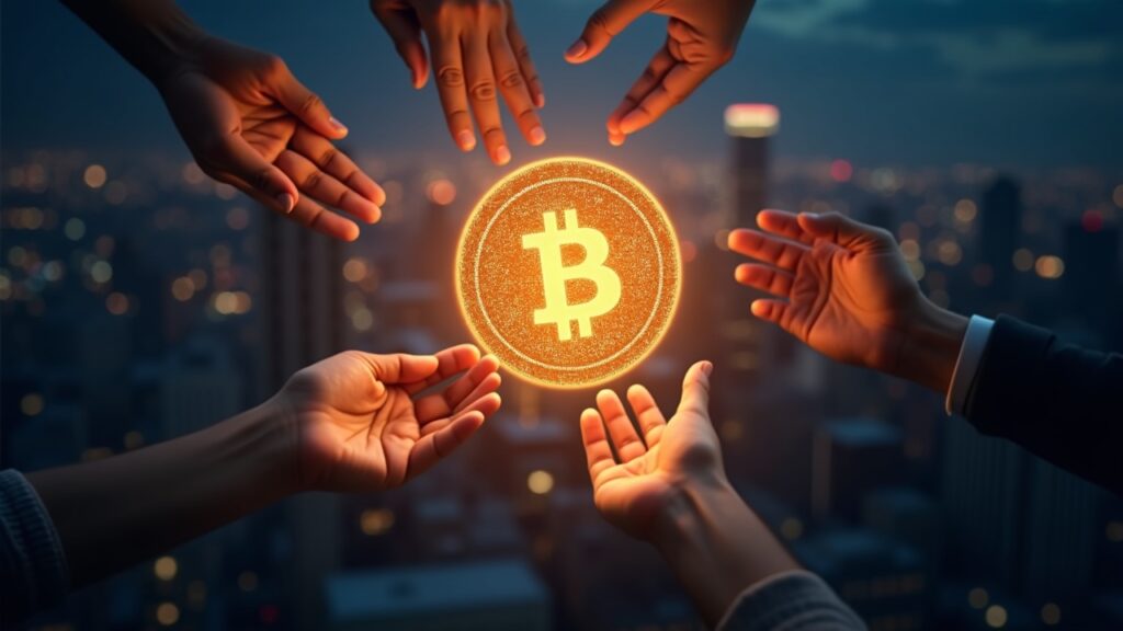 Primer plano de un token de blockchain brillante que simboliza activos reales tokenizados, con manos diversas y un horizonte urbano.