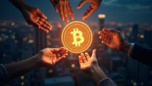 Primer plano de un token de blockchain brillante que simboliza activos reales tokenizados, con manos diversas y un horizonte urbano.