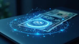 Primer plano de una nota digital tokenizada del U.S. Treasury con enlaces holográficos de blockchain orbitando un token central sobre un escritorio