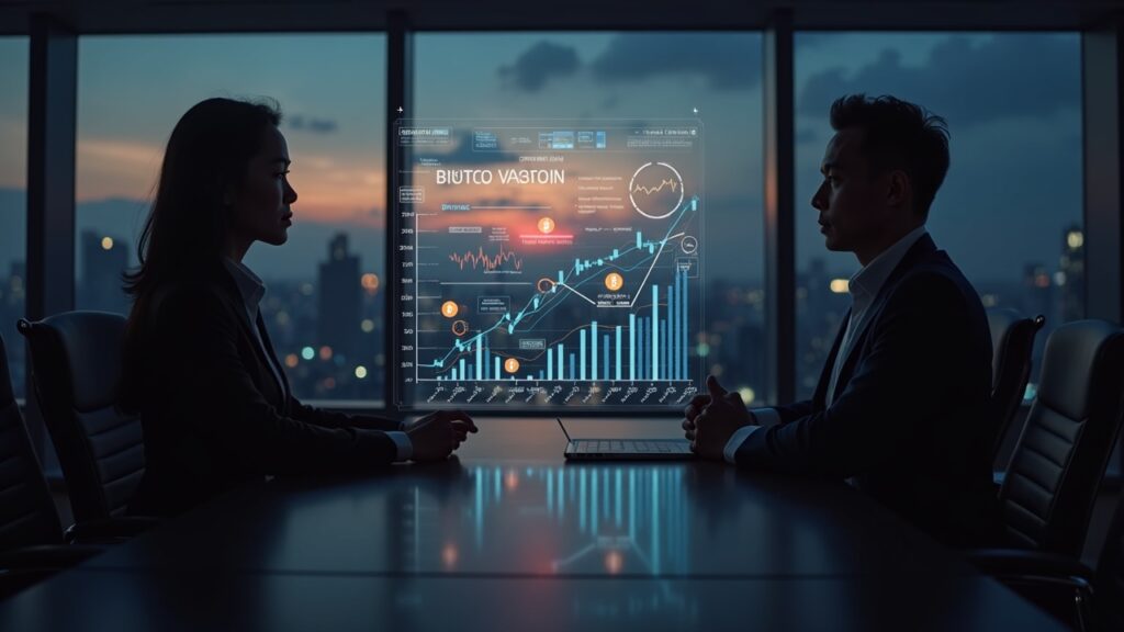 Sala de juntas de Tokio al anochecer con dos ejecutivos revisando un plan de Bitcoin, iconos holográficos de BTC y proyecciones de datos.