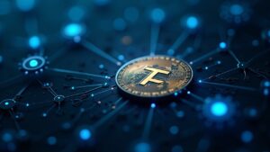 Primer plano fotorrealista de una moneda inspirada en Toncoin entre nodos de cómputo de IA descentralizados con flujos de datos protegidos y acentos en el azul de Telegram.