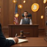 Sala de tribunal fotorrealista con una bóveda de custodia, iconos flotantes de Bitcoin y un juez, que representa un caso reactivado de BTC robado.