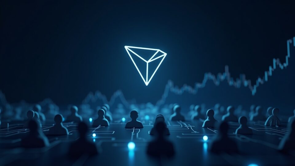 Encabezado cripto fotorrealista con el logo de TRON en el centro, flujos de USDT que conectan a 355m usuarios y un gráfico de precios descendente.