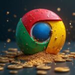 Icono fotorrealista de una extensión de Chrome partido por la mitad, filtrando claves privadas y frases semilla en una corriente de monedas cripto.