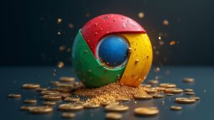 Icono fotorrealista de una extensión de Chrome partido por la mitad, filtrando claves privadas y frases semilla en una corriente de monedas cripto.