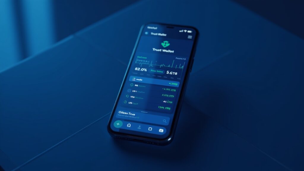 Pantalla de smartphone que muestra Trust Wallet con mercados de predicción integrados, gráficos, resultados tokenizados y el logotipo de Myriad