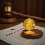Cámara del UK Parliament con una moneda cripto luminosa sobre un documento legal y un mazo, simbolizando el reconocimiento de los activos digitales.